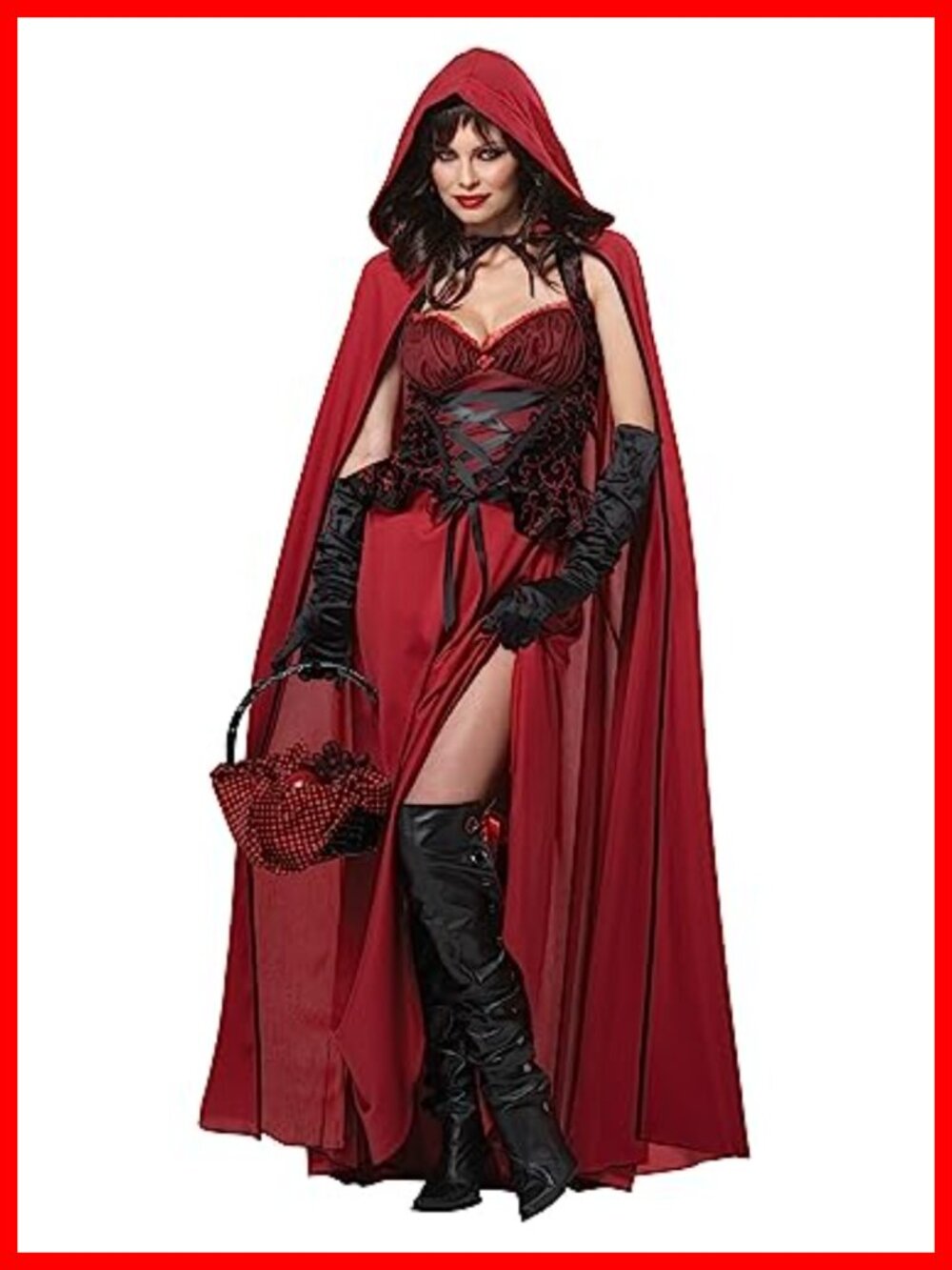 Dark Red Riding Hood Costume Dress Cloak Basket Hanky Adult